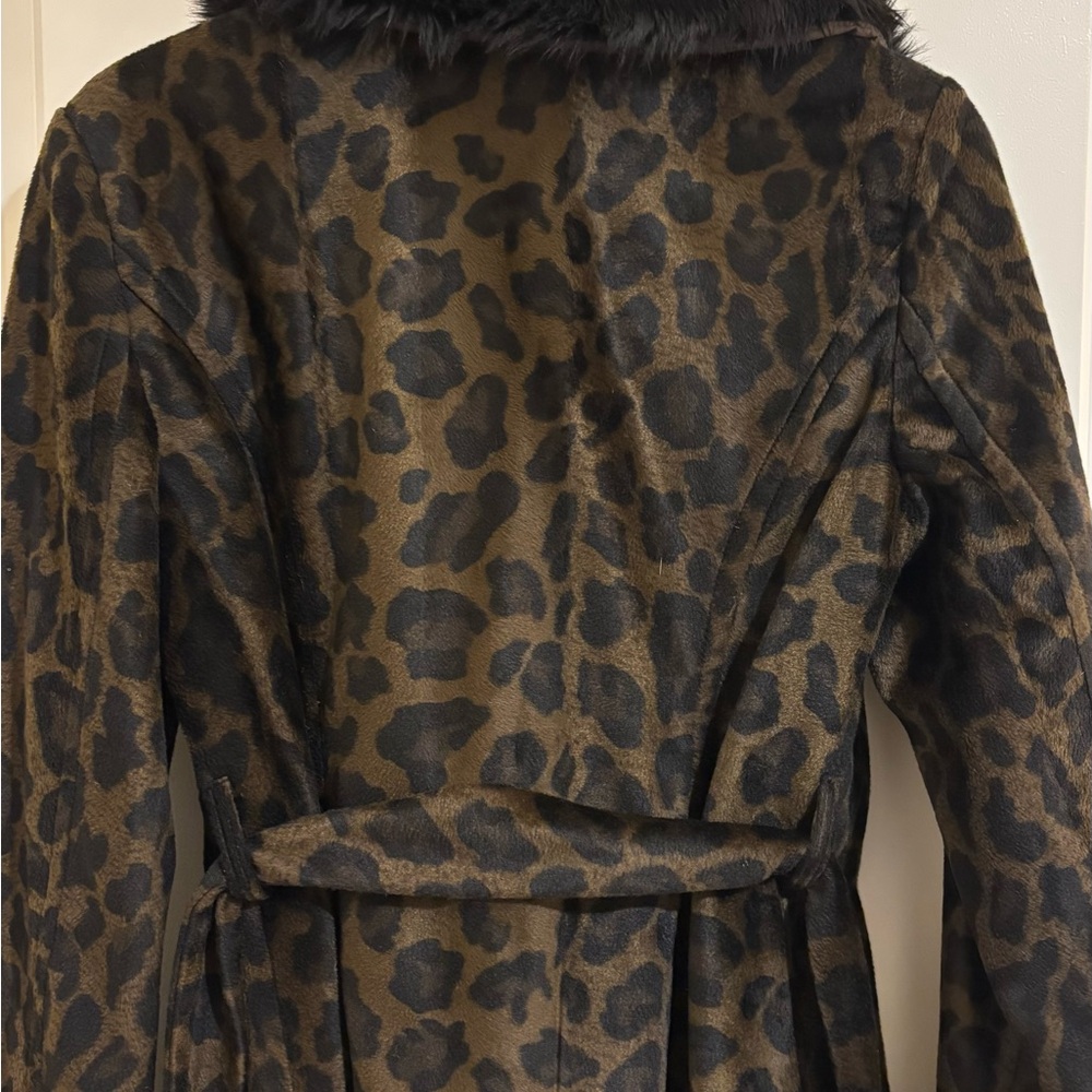 Leopard Print Faux Fur Trim Coat - Picture 3 of 4